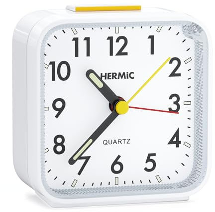 HERMIC Alarm Clocks Bedside Silent Non Ticking Battery Powered Travel Small Analogue Clock with Light Snooze Luminous Pointer for Bedroom Office Included Battery White [Energy Class A+++]
