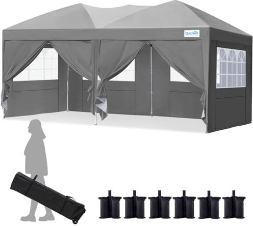 Quictent Faltpavillon 3x6m mit 6 Seitenwänden, Pop up Gartenpavillon mit Rollentasche, Pavillon Partyzelt 3x6 wasserdicht stabil, für Party im Freien, Hochzeiten, Fest, UV 50+,Grau