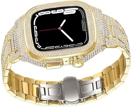 SCHIK Cassa dell'orologio con diamante+kit di modifica del cinturino in metallo per Apple Watch 8 7 6 5 4 SE, cinturino alla moda per donne e ragazze, per iWatch serie 44 mm 45 mm (colore: oro,