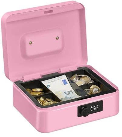 Relaxdays Caisse à Monnaie, avec Combinaison à 3 Chiffres, Rangement d’Argent en Fer, H x L x P 8,5 x 20 x 17 cm, Rose