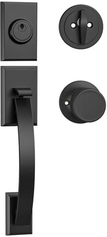 HOSOM Matte Black Front Door Handle and Deadbolt Set, Exterior Front Door Lock Set with Interior Door Knob, Single Cylinder Entry Front Door Lock Reversible for Right and Left Handed Doors