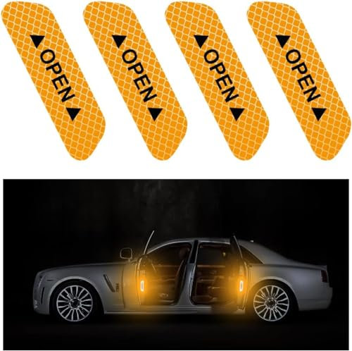 JinRui-T 4 PCS Car Door Open Warning Reflective Stickers, Night Visibility Auto Safety Prompt Decals,Waterproof Auto Warning Mark Reflective Car Accessories Universal for Car, Truck, SUV, Van (Yellow)