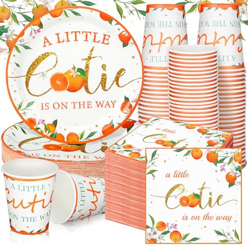 Hushee 200 Pcs Little Cutie Baby Shower Paper Plates Napkins Cups Orange Baby Shower Party Supplies Tableware Set Orange Disposable Cup Napkin for 50 Guest Girls Spring Party Decoration