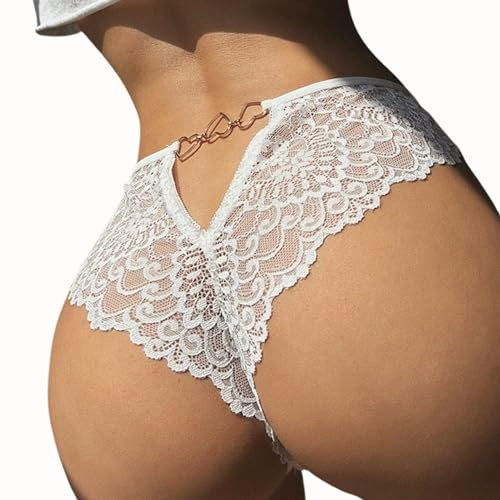 ROSVAJFY Damen Sexy Spitzen String Höschen Niedrige Taille Dessous Unterhosen Frauen Hollow Out Hipster Panties Rücken Herz Ring Tanga Atmungsaktive Unterwäsche(Weiß, S)