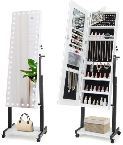 COSTWAY Armoire à Bijoux à Roulettes Hauteur Réglables, Miroir Pleine Longueur avec Lumières LED, Interrupteur Tactile, Verrouillable, Roues Universelles(Blanc)