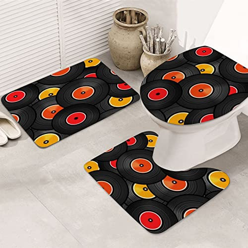 Badezimmermatte, dreiteiliges Set saugfähiger und rutschfester Bodenmatten,Rock Vinyl Audio Discs Design Lp Verschiedenes Technologie Musik Dj Roll Set Funky Mix D,verwendet für Badezimmer und Duschen