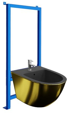 LAVITA Elemento da parete per bidet LAV 500 + bidet da parete Sofi oro/nero, set completo da appendere a parete, bidet con foro per rubinetto e protezione da troppopieno in ceramica, igienico e facile