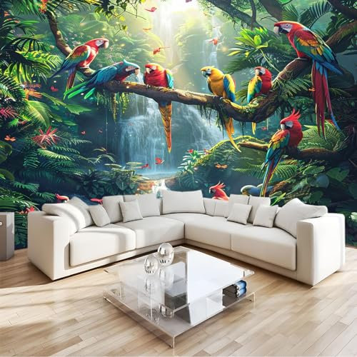 Vert Papier Peint Intissé 3D Perroquet Des Forêts Tropicales Papier Peint Intissé 3D Fresque Murale, Décoration Salon Chambre Enfant Fond Tv (Facile À Poser) 350 X 256 Cm