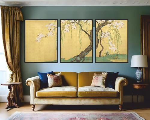 Cherry Tree Sakai Hoitsu Source Mockup - 3x A1 Canvas - Triptych mounted on pine frames readu to hang BensArt Triptych set 3 Three Stretched Mounted Multi Panel Wall Art Classic Picture Arts Abstract