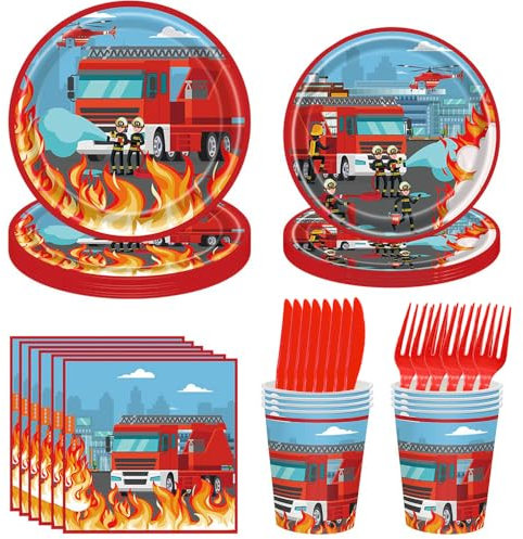 70 Pièces Vaisselle de Fête, Set de Vaisselle pour Fête des Pompiers, Decoration Anniversaire Pompier, Pompier Assiettes en Papier, Gobelets, Serviettes pour Kit Pompier Enfant