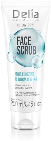 Delia Cosmetics – Clean Skin – Feuchtigkeitsspendendes und normalisierendes Gesichtspeeling – Geeignet für alle Hauttypen – Pflege für zu Akne neigende Haut – Umfassende Make-up-Entfernung – 250ml