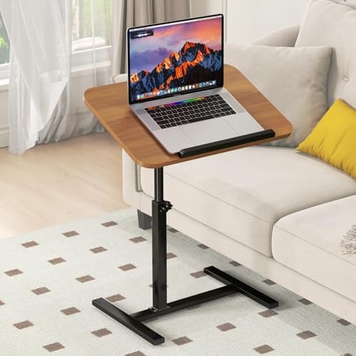 Adjustable Height C Shaped Side Table,360°Swivel Overbed Table,Top Tilting Laptop Stand Table with Hidden Wheels,Mobile Couch End Tables that Slide under,Rolling TV Coffee Table for Sofa/Bed (wood)