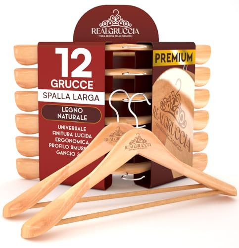 12 Kleiderbügel aus Holz Breite Schulter Holzbügel Farbe Naturholz - RealGruccia mit Hosensteg Polierter Oberfläche Drehbaren Hakens und Abgeschrägte Profile - 24x45cm