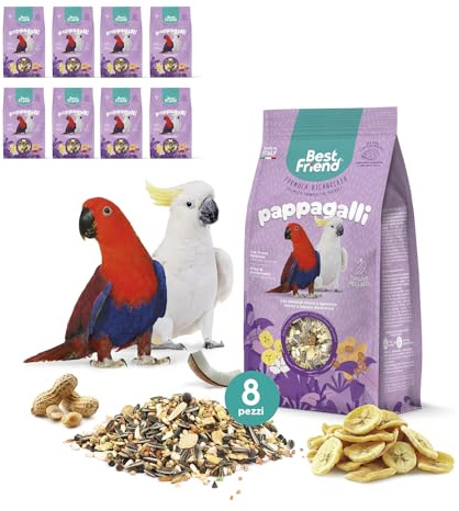 Best Friend Komplett papegojfoder med skalade jordnötter, kokosnöt och bananer. Fågelfoder med naturliga ingredienser, 100% kvalitet tillverkad i Italien | 8-pack