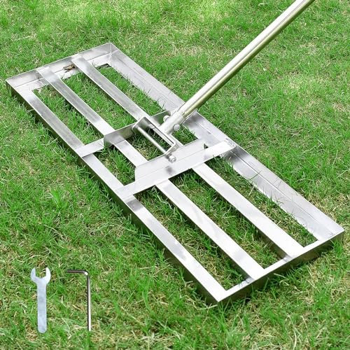 Plutohiker Rastrillo de nivelación de césped, 7 pies, 28 x 10 pulgadas, herramienta de nivelación de ahorro de esfuerzo, mango de acero inoxidable, nivelador de césped para patio, jardín, campo de