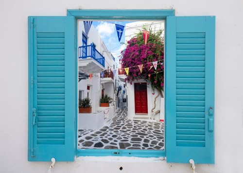Fmarui Greece Backdrop 7x5ft Coloful White Street of Mykonos Island Photo Background for Photography Greece Island Travel Outdoor Photoshoot Props