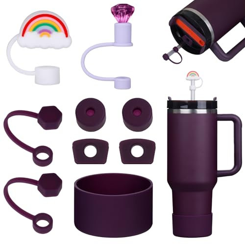 Yuecda Stanley Cup Accessories Set Includs 6 Pcs Silicone Spill Proof Stopper, 2 Pcs Straw Cover Cap for9-10 mm Straw, 1 Pcs Silicone Boot for Stanley Cup 40oz&30oz,Not Including Cup (Plum)