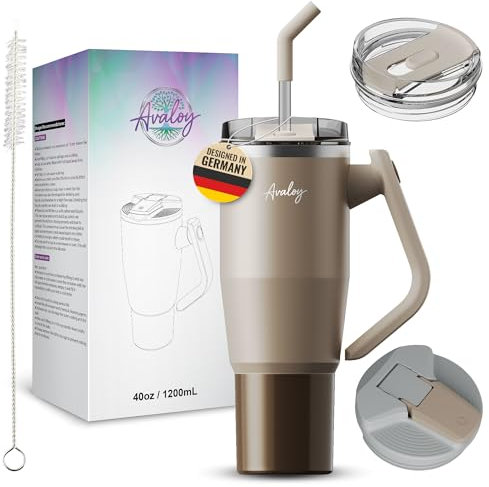 Avaloy auslaufsicher Thermobecher mit Griff und Strohhalm 40 oz Thermobecher Doppelwandiger Edelstahl Vakuum Tumbler für Kalt Heiß Kaffeebecher To Go 1200 ml Stanley Cup Zubehör (Beige/Brown)