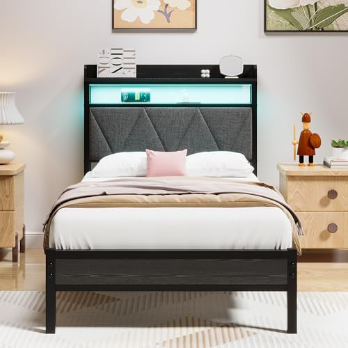 HAHRIR Metallbett 90x200cm mit gepolstertem Ablagekopfteil Schwarz | Metallbett 90x200cm gepolstertes Kopfteil mit doppelter Ablage, integriertes LED und USB für das Schlafzimmer