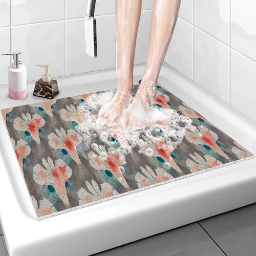 Tapis de douche rectangulaire antidérapant 90 x 90 cm en luffa doux pour l'intérieur de la douche, tapis de sol de salle de bain avec fond antidérapant à séchage rapide