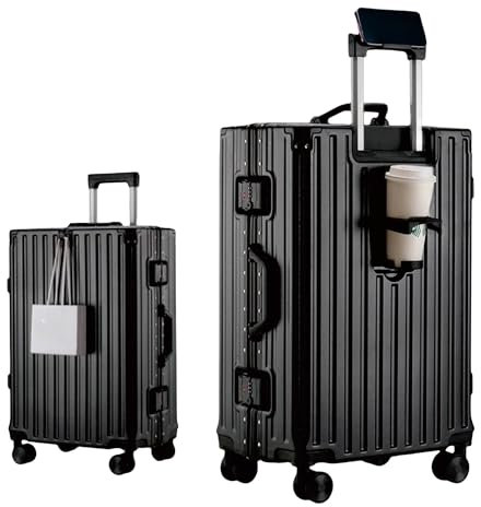 yuweijie Multifunktions Koffer Klein Alu-Rahmen Hartschale Trolley Reisekoffer Handgepäck Zwillingsrollen ZahlenSchloss(Schwarz, 55cm,45L)