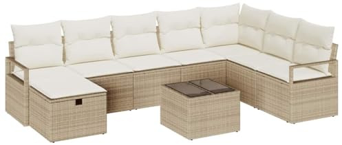vidaXL 5-teiliges modulares Outdoor-Sofa-Set mit Kissen in Beige aus Poly Rattan | Wetterfestes, bequemes modernes Ecksofa für den Garten mit rechteckigem Tisch und geflochtenem Stuhl