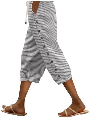 Couawaticy Capri Pants for Women UK Linen Trousers Womens Drawstring Elastic Waist Cropped Trousers Lightweight Summer Capri Pants with Pockets Casual 3 4 Length Beach for Ladies White-c XL