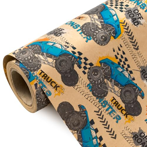 RUSPEPA Kraftpapier-Monstertruck-Geschenkpapierrolle – Mini-Rolle – 43,2cm x 5m – Monstertruck-Geschenkpapier im Urban-Stil, perfekt für Kindergeburtstage