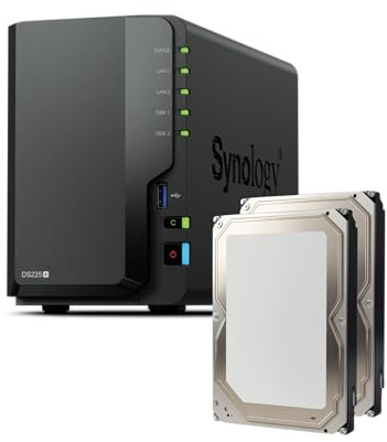Synology DS225+ Lot de disques durs 44 To 2 baies NAS Plus série Intel Celeron J4125 Quad-Core, 2 Go DDR4 SODIMM non-ECC 1 x 2,5 GbE et 1 port LAN RJ-45 1 GbE
