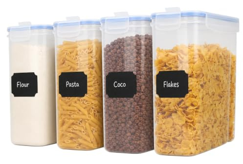 4 Litre Cereal Containers, Set of 4 Airtight 4L Food Storage Dispensers | Labels and Pen, BPA Free Food Containers with Easy Pour Lids for Cornflakes, Rice, Flour and Pasta - Airtight Storage Box