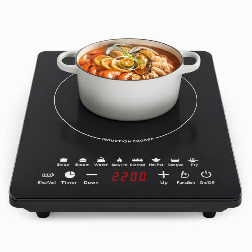 Portable Induction Burner Single Induction Hob 1450W Lcd Display Automatic Pot Detection and Automatic Shutdown for Home and Camping Use, Multiple Power Levels with 3-Hour Timer Adjustable Temperature