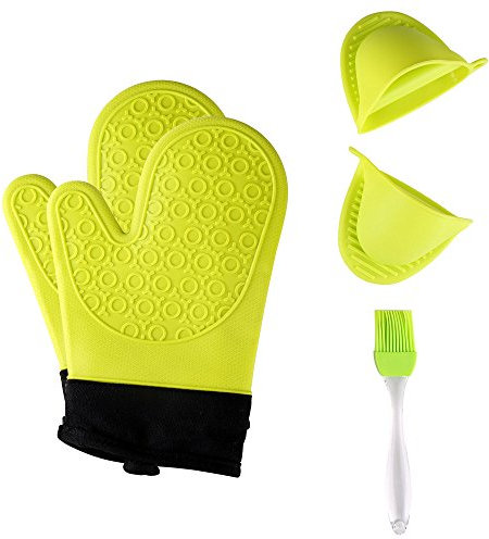 Jonhen Anti-Rutsch mit Baumwoll-Fütterung zum Backen in der Küche-Ofenhandschuhe 1 Paar,Gratis Bürste & Topflappen, Mischgewebe, Grün, One-Size-Fits-Most