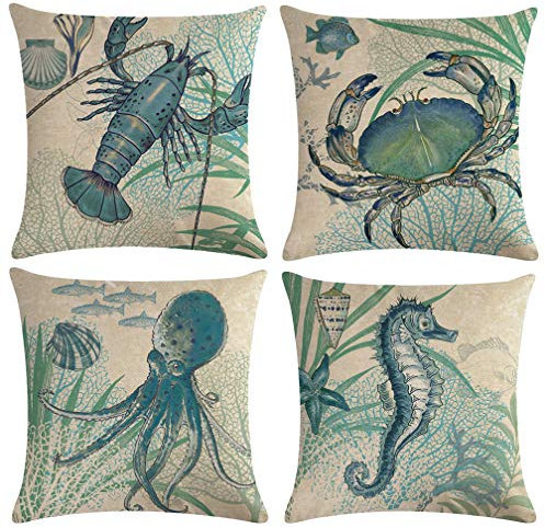 ULOVE LOVE YOURSELF Kissenbezug mit Meeresmotiv, Küstenmotiv, Krabbe, Oktopus, Seepferdchen, Meeresalgen, nautische Kissenbezüge für Strandhaus, Zuhause, dekorativ, 45,7 x 45,7 cm, 4 Stück