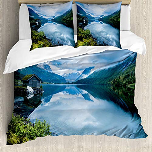 ABAKUHAUS Natur Bettbezugs Set Für Doppelbetten, Holzhütten Norwegen, Milbensicher Allergiker geeignet mit Kissenbezügen, Blau Grün