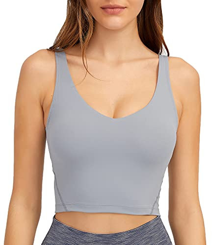 Lemedy Sport-BH für Damen, lang, bauchfrei, gepolstert, für Workout, Laufen, Yoga, grau, S