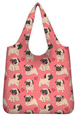 Showudesigns Strapazierfähige, wiederverwendbare Einkaufstasche mit Mops-Motiv, waschbar, faltbar, niedlich, rosa, Ripstop-Einkaufstasche für Frauen, Reisen, große umweltfreundliche Handtasche
