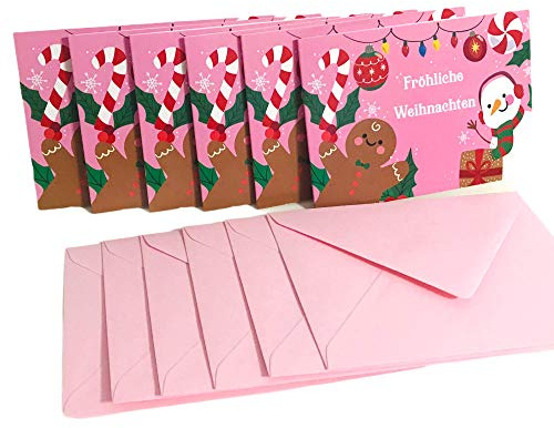 TryPinky® Weihnachtskarten mit Umschlag Set mit farbigen Umschlägen - Klappkarten aus hochwertigem Chromokarton DIN A6 Weihnachtskarte Rosa Lebkuchenmann Schneemann (6)