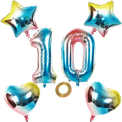 Luftballons Zahl 10 Nummer 10 Luftballon Regenbogen 10 Zahlenballon Folienballon 32 inch 80 cm XL für Mädchen Junge,Riesen Aufblasbar herz Helium Folienballon Stern Ballons Geburtstag Party Deko (10)