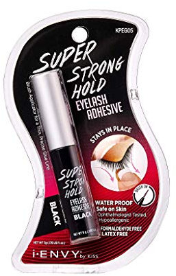 i•ENVY by KISS Super Strong Hold Eyelash Adhesive, Waterproof, 48-Hour Long-Lasting Lash Glue, Latex-Free, Hypoallergenic, Quick-Drying with Brush-On Applicator for Strip Lashes (Black, 1 Pack)