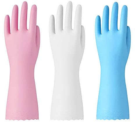 Bamllum Guantes de limpieza de goma, 3 pares de guantes de limpieza de cocina sin látex con forro de algodón, guantes para lavar platos del hogar, antideslizantes, impermeables (L, azul, rosa y