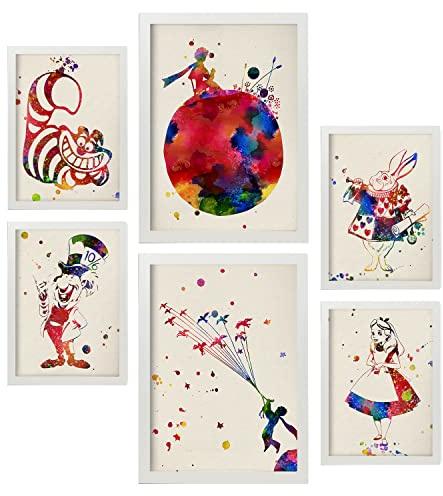 Nacnic Set von 6 Poster von Alicia und dem kleinen Prinzen. Sammlung von Platten mit ästhetischer Collage für Innendekoration. Größen A3 und A4. Mit weißem Rahmen.