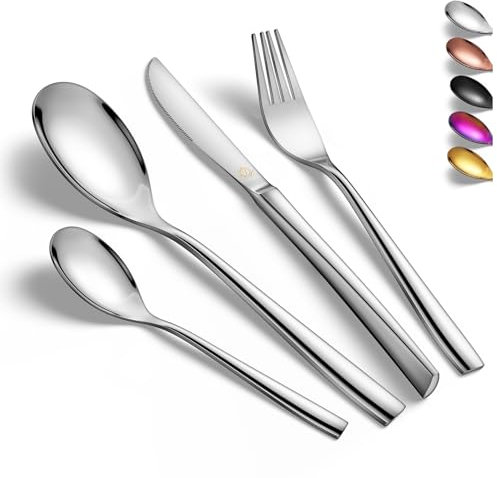 vancasso Set de Couverts pour 6 Personnes, Ménagère INOX, y Compris Couteau/Fourchette/Cuillère/Cuillère à Café, Couverts de Table 24 Pièces, pour la Famille, le Restaurant, Bout Carré, Argent