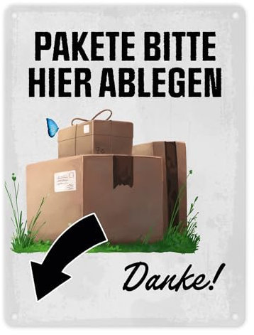 Pakete bitte hier ablegen, Danke! Metallschild in 15x20 cm - Pfeil links Blechschild zeigt dem Paketboten wo das Paket abgestellt werden soll