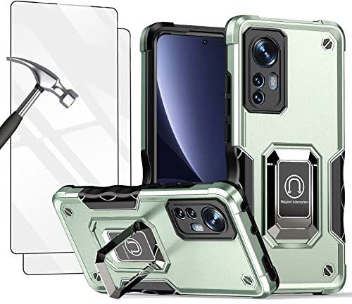 Jeelar Handyhülle für Xiaomi 12/12X,PC+TPU Militär Handy Hülle Stoßfeste Cover Case mit Ständer/Kameraschutz/Magnetische Autohalterung,Schutzhülle mit 2 Gehärtetes Glas Bildschirmschutz,Grün