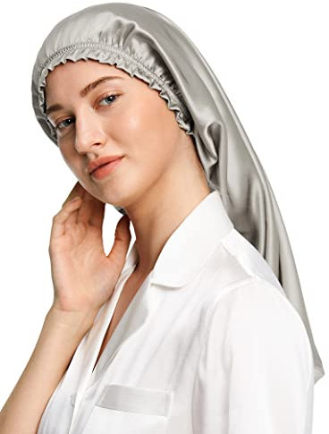 LilySilk Frauen Seide Mütze Schlafmütze mit elastischem Band für Damen Weiche Nachthaube verstellbare Schlafhaube Kopfbedeckung für langes Haar (Grau)