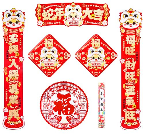 DAOUZL Chinesisches Neujahr Couplets, 8 Pcs Chinesisches Neujahr Deko mit Traditionelle Couplets, Aufkleber usw, Chinesische Couplet Deko Set für 2025 Neujahr Dekorationen Silvester Veranda