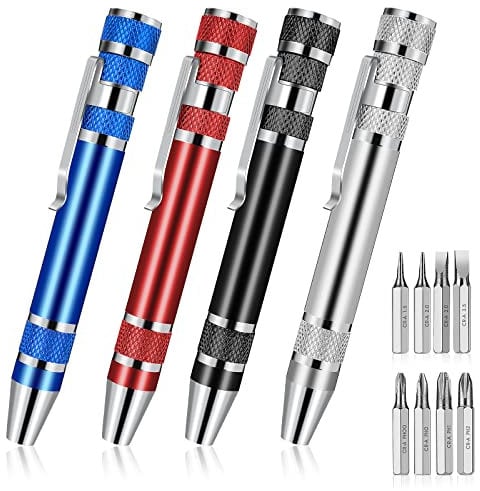 Thinp 4 Pieces Pen Screwdriver, 8 in 1 Multitool Pocket Screwdriver Mini Set Handy Tool Magnetic Portable Crossing Flathead for Repairing Hand Tool, Silver, Black, Red, Blue (Thinp-544817_1-1)
