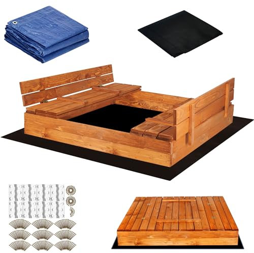 SPRINGOS Bac à sable en bois pour enfant avec bancs 150 x 150 cm - Bâche de protection en bois imprégné, Infusion de Miel