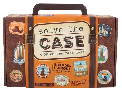 Solve The Case. 3D Escape Room Game In A Suitcase. Think Outside The Case With 5 Unique Play Throughs. Solve Puzzles With Clues. Family Party Game. Ages 12+, 1+ Players. 60 Minutes Play Time.