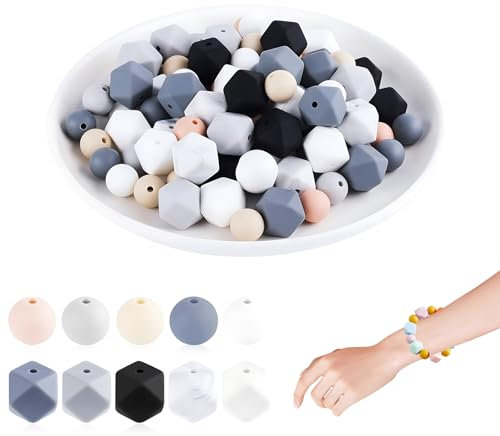 100 Stück Silikon Perlen Set,Silikonperlen Bunt,Hexagon Silikon Perlen,Bastelperlen Rund Polygon,mit Seil,Silikonperlen Bunte für DIY Schmuck Armband Halskette Basteln (12mm/14mm)
